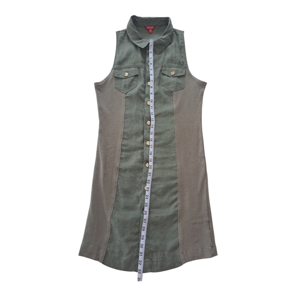 GUESS linen khaki sleeveless mini dress snap closure tunic - Picture 10 of 13
